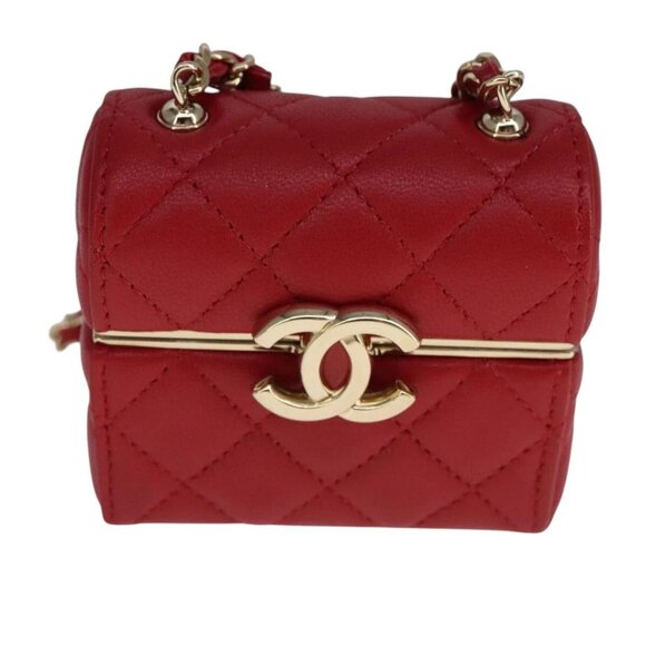 CHANEL Small Box Matelasse Chain Pouch Lamb Skin Red CC Auth - Picture 8 of 15